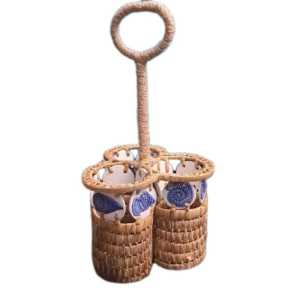 Wicker 3-Bottle Wine Oil Caddy Nautical Seagrass Shell Jute Handle Handmade VTG